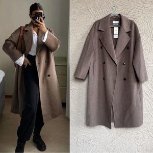 MANGO NWT BLOGGER FAVE Taupe Oversized Double Breasted Handmade Wool Trench Coat